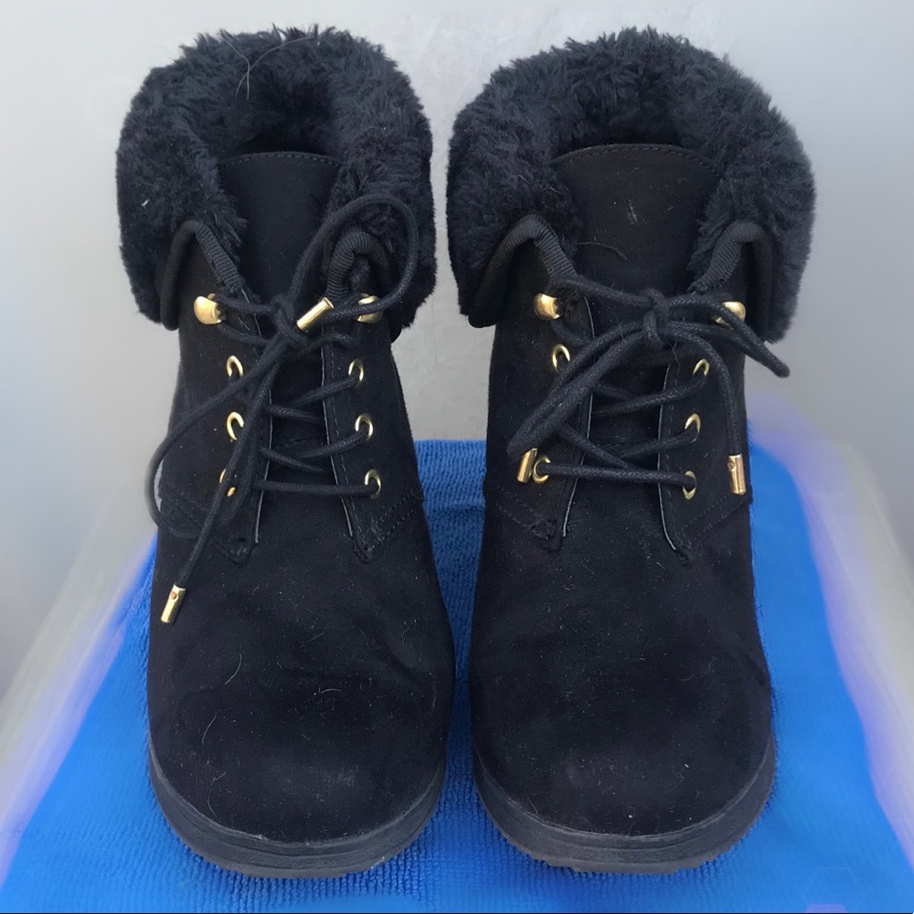 Ankle wedge lace up booties faux fur ankle 11